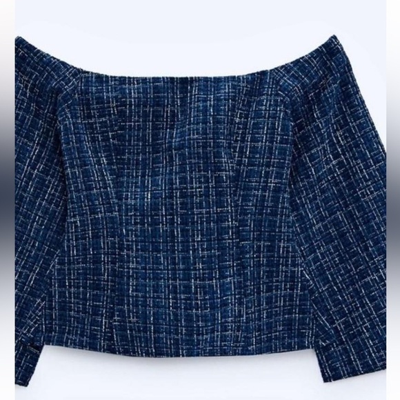 NWT ZARA OFF SHOULDER TWEED NAVY BLUE AND WHITE TOP - Picture 4 of 7